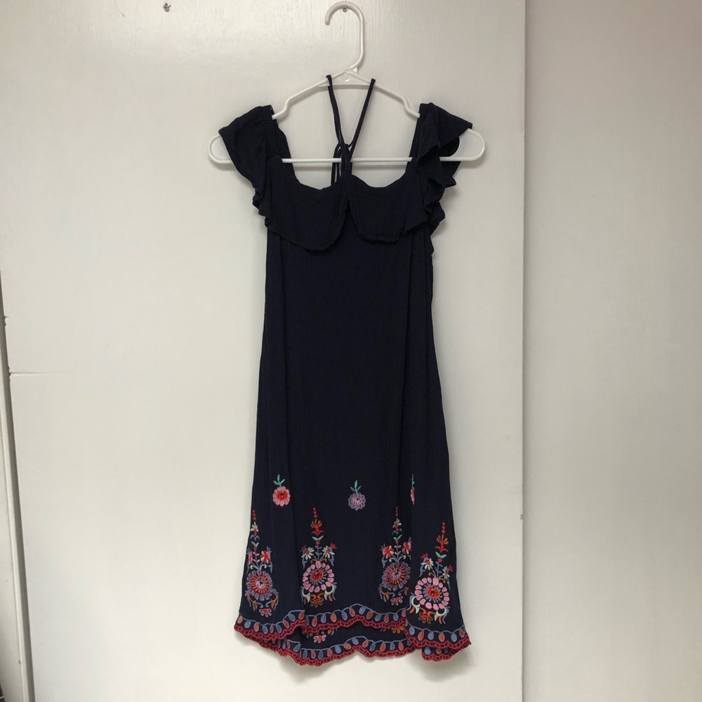 off the shoulder navy embroidered spring dress